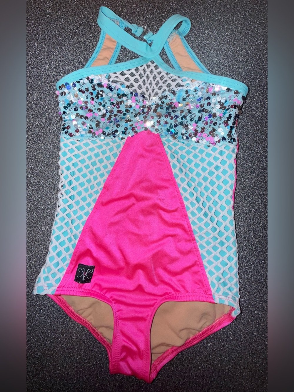 Kandi Kouture Dance Leotard Pink/Teal/Sequin Size Child Large ** see below**